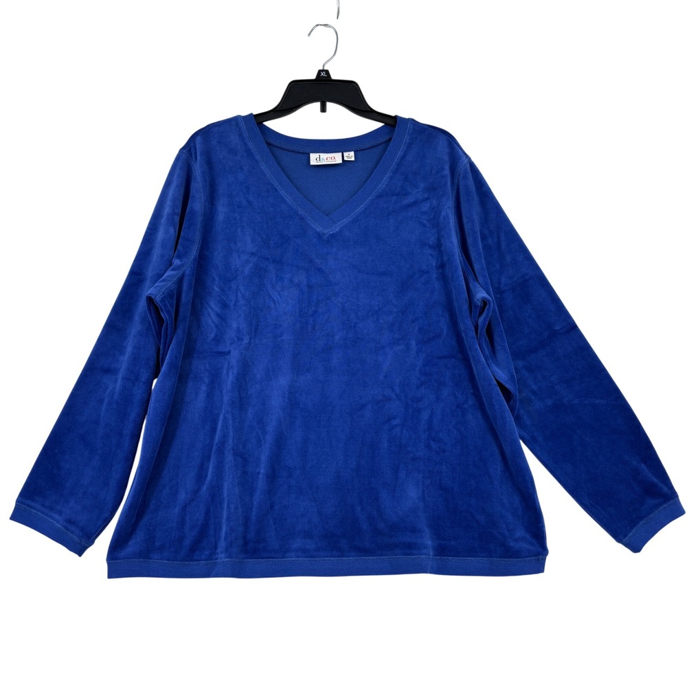 Denim & Co Velour Long Sleeve Top Women 1X Blue V Neck A58085 Soft Cozy